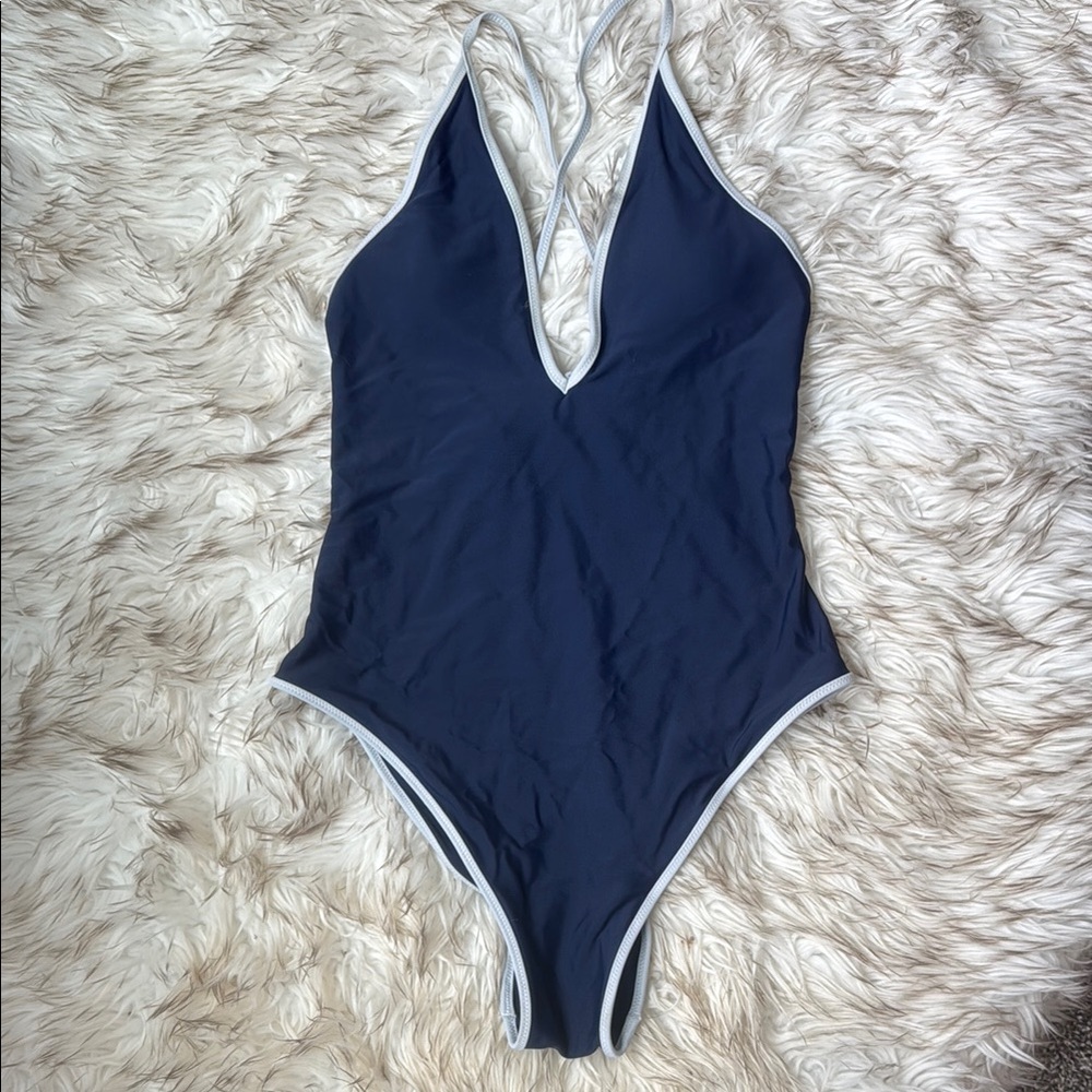 Aerie Timeless Navy Plunge High-Leg Cheeky One-Piece Swimsuit